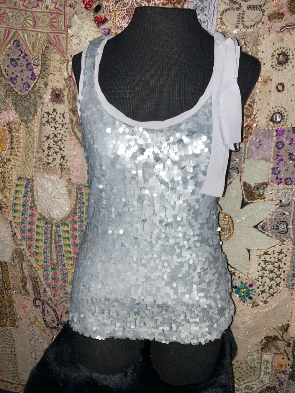 New York & Company Silver Sequin Tank with Shoulder Tie